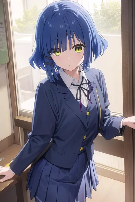 ryouyamada, <lora:ryou yamada s1-lora-nochekaiser:1>, 
ryou yamada, blue hair, eyes visible through hair, mole, mole under eye, short hair, (yellow eyes:1.3), hairclips,
BREAK black pantyhose, black ribbon, blue skirt, brown footwear, loafers, long sleeves, pantyhose, ribbon, school uniform, shimokitazawa high school uniform, shirt, shoes, skirt, white shirt,
BREAK indoors, classroom,
BREAK looking at viewer, (cowboy shot:1.5),
BREAK <lyco:GoodHands-beta2:1>, (masterpiece:1.2), best quality, high resolution, unity 8k wallpaper, (illustration:0.8), (beautiful detailed eyes:1.6), extremely detailed face, perfect lighting, extremely detailed CG, (perfect hands, perfect anatomy),