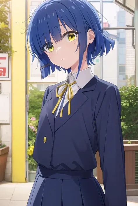 ryouyamada, <lora:ryou yamada s1-lora-nochekaiser:1>,
ryou yamada, blue hair, eyes visible through hair, mole, mole under eye, short hair, (yellow eyes:1.5), hairclips,
BREAK black pantyhose, black ribbon, blue skirt, brown footwear, loafers, long sleeves, pantyhose, ribbon, school uniform, shimokitazawa high school uniform, shirt, shoes, skirt, white shirt,,
BREAK indoors, classroom,
BREAK looking at viewer, (cowboy shot:1.5),
BREAK <lyco:GoodHands-beta2:1>, (masterpiece:1.2), best quality, high resolution, unity 8k wallpaper, (illustration:0.8), (beautiful detailed eyes:1.6), extremely detailed face, perfect lighting, extremely detailed CG, (perfect hands, perfect anatomy),