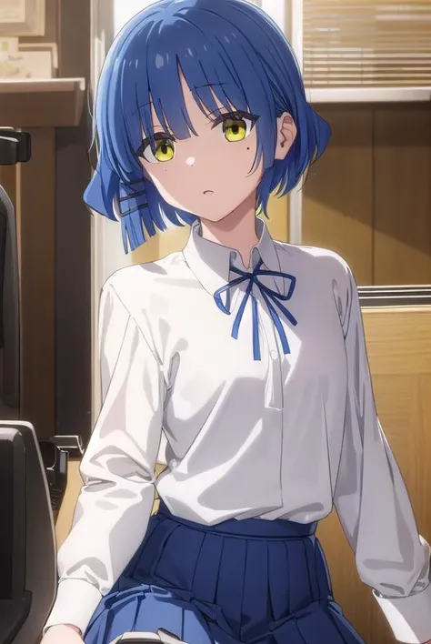 ryouyamada, <lora:ryou yamada s1-lora-nochekaiser:1>,
ryou yamada, blue hair, eyes visible through hair, mole, mole under eye, short hair, (yellow eyes:1.3), hairclips,
BREAK black pantyhose, black ribbon, blue skirt, brown footwear, loafers, long sleeves, pantyhose, ribbon, school uniform, shimokitazawa high school uniform, shirt, shoes, skirt, white shirt,
BREAK indoors, classroom,
BREAK looking at viewer, (cowboy shot:1.5),
BREAK <lyco:GoodHands-beta2:1>, (masterpiece:1.2), best quality, high resolution, unity 8k wallpaper, (illustration:0.8), (beautiful detailed eyes:1.6), extremely detailed face, perfect lighting, extremely detailed CG, (perfect hands, perfect anatomy),