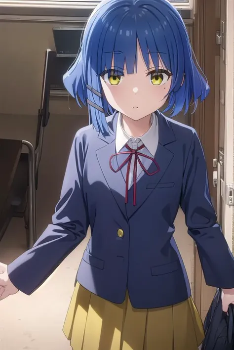 ryouyamada, <lora:ryou yamada s1-lora-nochekaiser:1>, 
ryou yamada, blue hair, eyes visible through hair, mole, mole under eye, short hair, (yellow eyes:1.3), hairclips,
BREAK black pantyhose, black ribbon, blue skirt, brown footwear, loafers, long sleeves, pantyhose, ribbon, school uniform, shimokitazawa high school uniform, shirt, shoes, skirt, white shirt,
BREAK indoors, classroom,
BREAK looking at viewer, (cowboy shot:1.5),
BREAK <lyco:GoodHands-beta2:1>, (masterpiece:1.2), best quality, high resolution, unity 8k wallpaper, (illustration:0.8), (beautiful detailed eyes:1.6), extremely detailed face, perfect lighting, extremely detailed CG, (perfect hands, perfect anatomy),