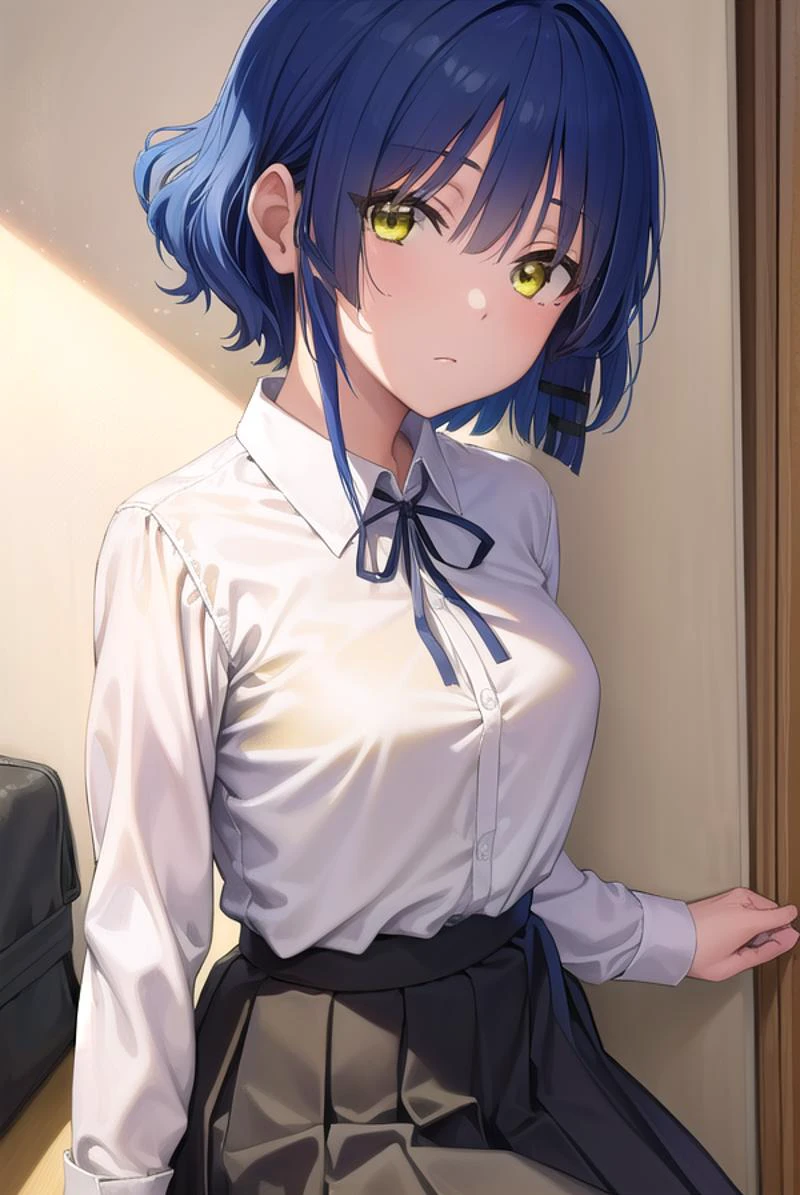 ryouyamada, <lora:ryouyamada-lora-nochekaiser:1>,
ryou yamada, blue hair, eyes visible through hair, mole, mole under eye, short hair, (yellow eyes:1.5), hairclips,
BREAK black pantyhose, black ribbon, blue skirt, brown footwear, loafers, long sleeves, pantyhose, ribbon, school uniform, shimokitazawa high school uniform, shirt, shoes, skirt, white shirt,,
BREAK indoors, classroom,
BREAK looking at viewer, (cowboy shot:1.5),
BREAK <lyco:GoodHands-beta2:1>, (masterpiece:1.2), best quality, high resolution, unity 8k wallpaper, (illustration:0.8), (beautiful detailed eyes:1.6), extremely detailed face, perfect lighting, extremely detailed CG, (perfect hands, perfect anatomy),