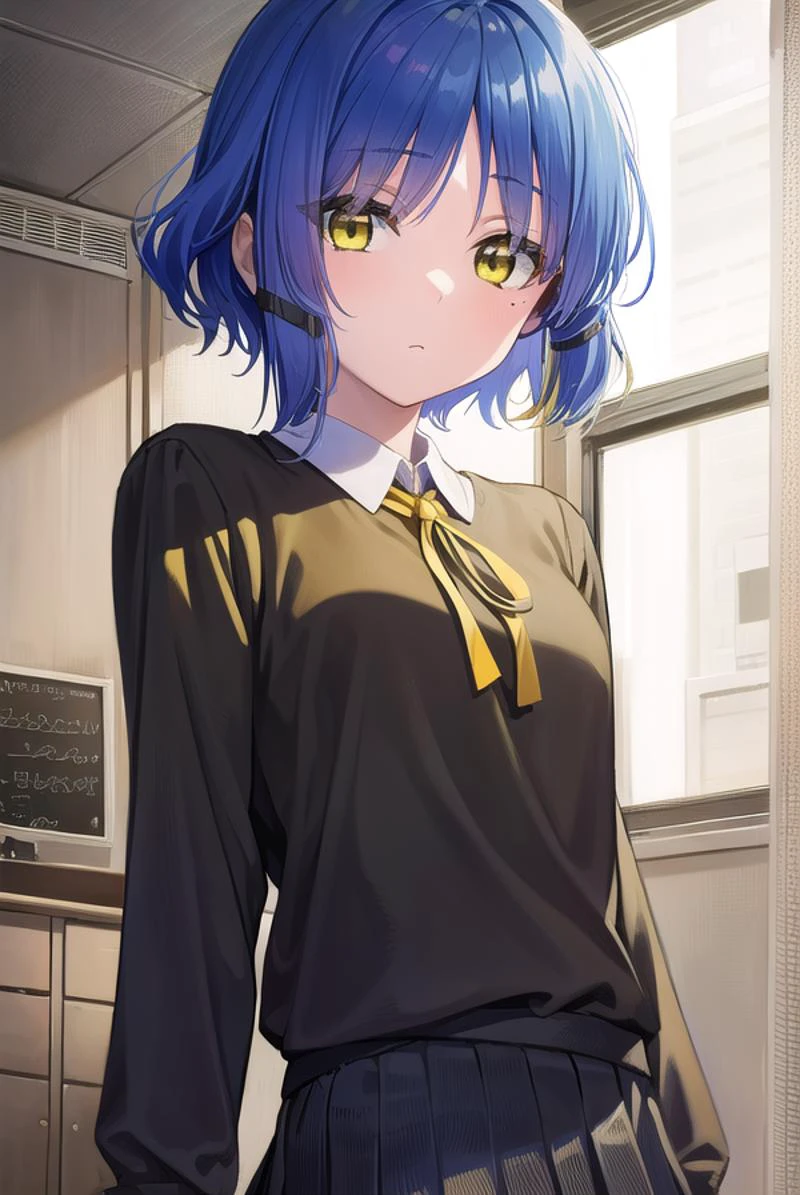 ryouyamada, <lora:ryouyamada-lora-nochekaiser:1>,
ryou yamada, blue hair, eyes visible through hair, mole, mole under eye, short hair, (yellow eyes:1.5), hairclips,
BREAK black pantyhose, black ribbon, blue skirt, brown footwear, loafers, long sleeves, pantyhose, ribbon, school uniform, shimokitazawa high school uniform, shirt, shoes, skirt, white shirt,,
BREAK indoors, classroom,
BREAK looking at viewer, (cowboy shot:1.5),
BREAK <lyco:GoodHands-beta2:1>, (masterpiece:1.2), best quality, high resolution, unity 8k wallpaper, (illustration:0.8), (beautiful detailed eyes:1.6), extremely detailed face, perfect lighting, extremely detailed CG, (perfect hands, perfect anatomy),