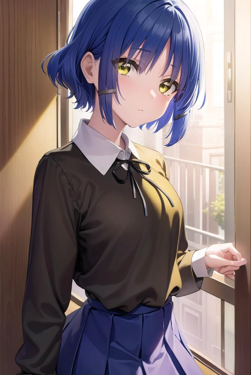 ryouyamada, <lora:ryouyamada-lora-nochekaiser:1>,
ryou yamada, blue hair, eyes visible through hair, mole, mole under eye, short hair, (yellow eyes:1.5), hairclips,
BREAK black pantyhose, black ribbon, blue skirt, brown footwear, loafers, long sleeves, pantyhose, ribbon, school uniform, shimokitazawa high school uniform, shirt, shoes, skirt, white shirt,,
BREAK indoors, classroom,
BREAK looking at viewer, (cowboy shot:1.5),
BREAK <lyco:GoodHands-beta2:1>, (masterpiece:1.2), best quality, high resolution, unity 8k wallpaper, (illustration:0.8), (beautiful detailed eyes:1.6), extremely detailed face, perfect lighting, extremely detailed CG, (perfect hands, perfect anatomy),