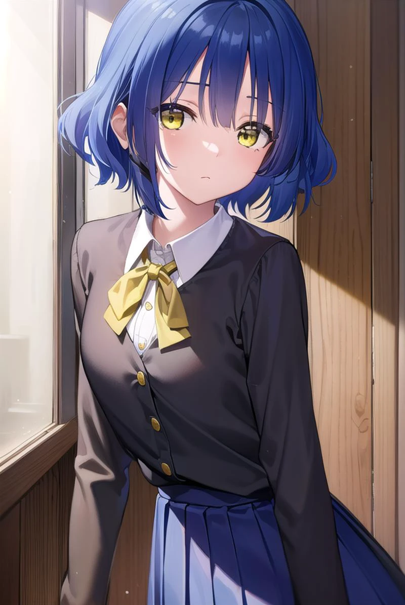 ryouyamada, <lora:ryouyamada-lora-nochekaiser:1>,
ryou yamada, blue hair, eyes visible through hair, mole, mole under eye, short hair, (yellow eyes:1.5), hairclips,
BREAK black pantyhose, black ribbon, blue skirt, brown footwear, loafers, long sleeves, pantyhose, ribbon, school uniform, shimokitazawa high school uniform, shirt, shoes, skirt, white shirt,,
BREAK indoors, classroom,
BREAK looking at viewer, (cowboy shot:1.5),
BREAK <lyco:GoodHands-beta2:1>, (masterpiece:1.2), best quality, high resolution, unity 8k wallpaper, (illustration:0.8), (beautiful detailed eyes:1.6), extremely detailed face, perfect lighting, extremely detailed CG, (perfect hands, perfect anatomy),