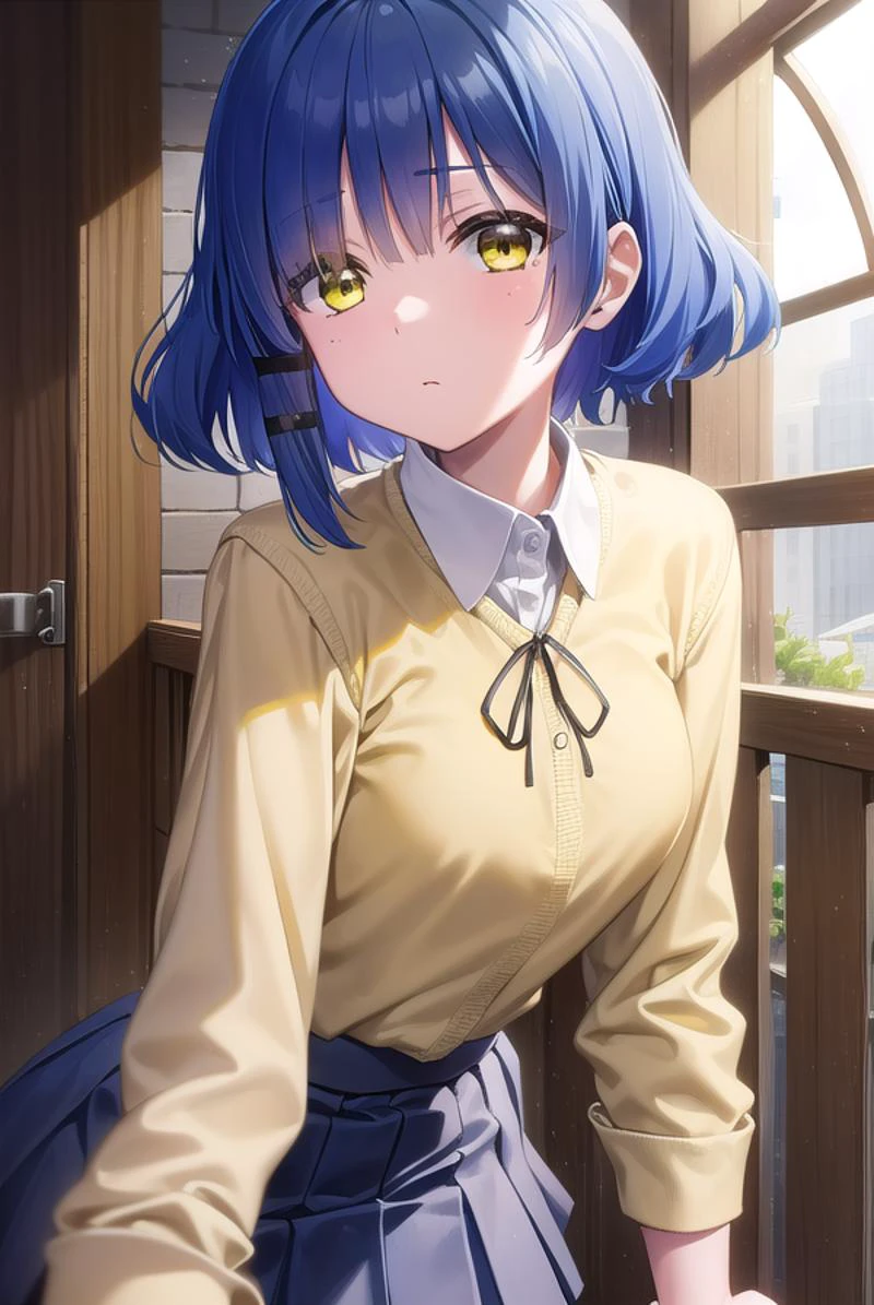 ryouyamada, <lora:ryouyamada-lora-nochekaiser:1>,
ryou yamada, blue hair, eyes visible through hair, mole, mole under eye, short hair, (yellow eyes:1.5), hairclips,
BREAK black pantyhose, black ribbon, blue skirt, brown footwear, loafers, long sleeves, pantyhose, ribbon, school uniform, shimokitazawa high school uniform, shirt, shoes, skirt, white shirt,,
BREAK indoors, classroom,
BREAK looking at viewer, (cowboy shot:1.5),
BREAK <lyco:GoodHands-beta2:1>, (masterpiece:1.2), best quality, high resolution, unity 8k wallpaper, (illustration:0.8), (beautiful detailed eyes:1.6), extremely detailed face, perfect lighting, extremely detailed CG, (perfect hands, perfect anatomy),