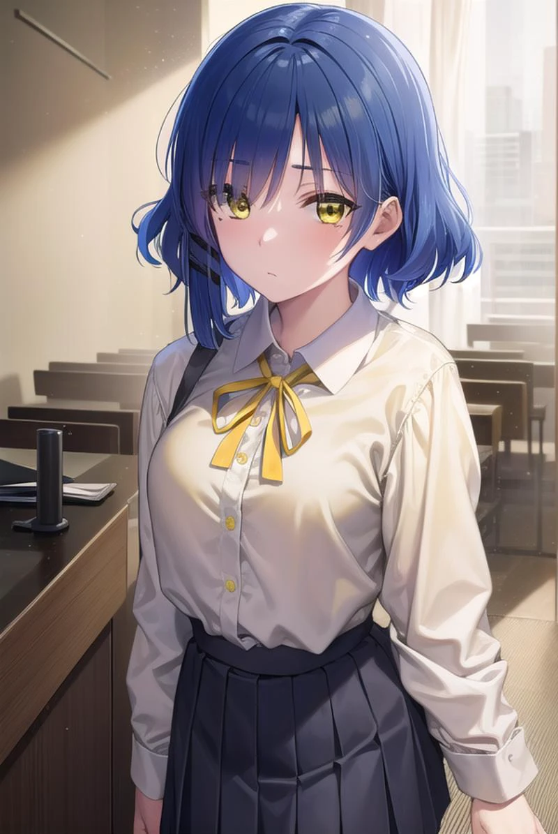 ryouyamada, <lora:ryouyamada-lora-nochekaiser:1>,
ryou yamada, blue hair, eyes visible through hair, mole, mole under eye, short hair, (yellow eyes:1.5), hairclips,
BREAK black pantyhose, black ribbon, blue skirt, brown footwear, loafers, long sleeves, pantyhose, ribbon, school uniform, shimokitazawa high school uniform, shirt, shoes, skirt, white shirt,,
BREAK indoors, classroom,
BREAK looking at viewer, (cowboy shot:1.5),
BREAK <lyco:GoodHands-beta2:1>, (masterpiece:1.2), best quality, high resolution, unity 8k wallpaper, (illustration:0.8), (beautiful detailed eyes:1.6), extremely detailed face, perfect lighting, extremely detailed CG, (perfect hands, perfect anatomy),