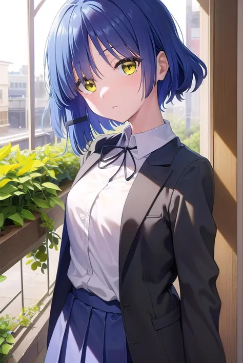 anime girl with blue hair and a bow tie standing in front of a window