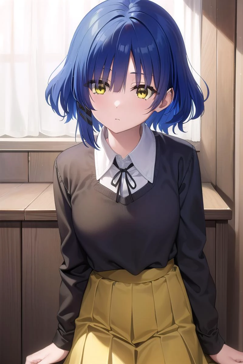ryouyamada, <lora:ryouyamada-lora-nochekaiser:1>,
ryou yamada, blue hair, eyes visible through hair, mole, mole under eye, short hair, (yellow eyes:1.5), hairclips,
BREAK black pantyhose, black ribbon, blue skirt, brown footwear, loafers, long sleeves, pantyhose, ribbon, school uniform, shimokitazawa high school uniform, shirt, shoes, skirt, white shirt,,
BREAK indoors, classroom,
BREAK looking at viewer, (cowboy shot:1.5),
BREAK <lyco:GoodHands-beta2:1>, (masterpiece:1.2), best quality, high resolution, unity 8k wallpaper, (illustration:0.8), (beautiful detailed eyes:1.6), extremely detailed face, perfect lighting, extremely detailed CG, (perfect hands, perfect anatomy),