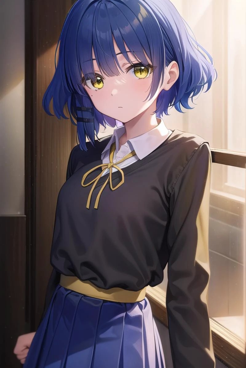 ryouyamada, <lora:ryouyamada-lora-nochekaiser:1>,
ryou yamada, blue hair, eyes visible through hair, mole, mole under eye, short hair, (yellow eyes:1.5), hairclips,
BREAK black pantyhose, black ribbon, blue skirt, brown footwear, loafers, long sleeves, pantyhose, ribbon, school uniform, shimokitazawa high school uniform, shirt, shoes, skirt, white shirt,,
BREAK indoors, classroom,
BREAK looking at viewer, (cowboy shot:1.5),
BREAK <lyco:GoodHands-beta2:1>, (masterpiece:1.2), best quality, high resolution, unity 8k wallpaper, (illustration:0.8), (beautiful detailed eyes:1.6), extremely detailed face, perfect lighting, extremely detailed CG, (perfect hands, perfect anatomy),