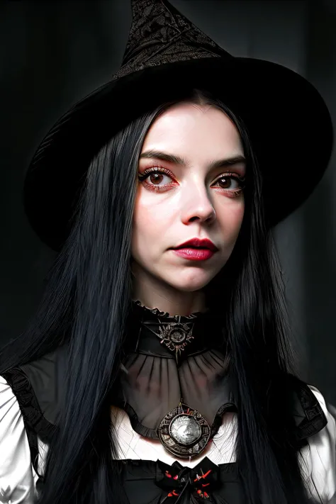 photo of anyaJoy1 as a witch, (black witch outfit),  fine-face, realistic shaded perfect face, fine details. Realistic shaded lighting poster by Ilya Kuvshinov katsuhiro, magali villeneuve, artgerm, Jeremy Lipkin and Michael Garmash, Rob Rey and Kentar Miura style, trendin