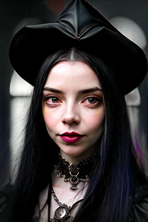 photo of anyaJoy1 as a witch, (black witch outfit), fine-face, realistic shaded perfect face, fine details. Realistic shaded lighting poster by Ilya Kuvshinov katsuhiro, magali villeneuve, artgerm, Jeremy Lipkin and Michael Garmash, Rob Rey and Kentar Miura style, trendin
