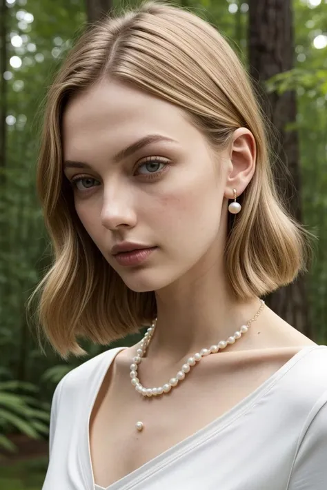 European woman, closeup, (shirt), pants, (koa campground), pearl necklace , ZM_genowefa, wide shoulders, perfect face, (contact iris: 1.1), pale skin, skin pores , depth of field