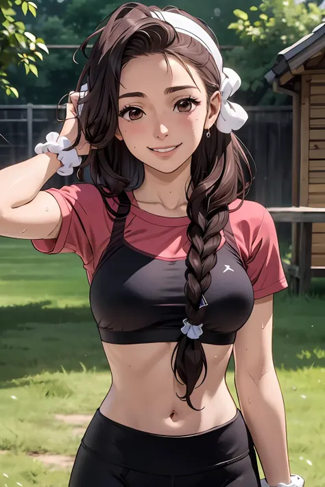 masterpiece, best quality, 8k photoshoot, cowboy shot, 18yo woman, animemomhair, brown hair, brown eyes, scrunchie, sports bra, yoga pants, sweatband, single braid, smile, sweat, sweating, sweaty, <lora:AnimeMomHair:0.8>