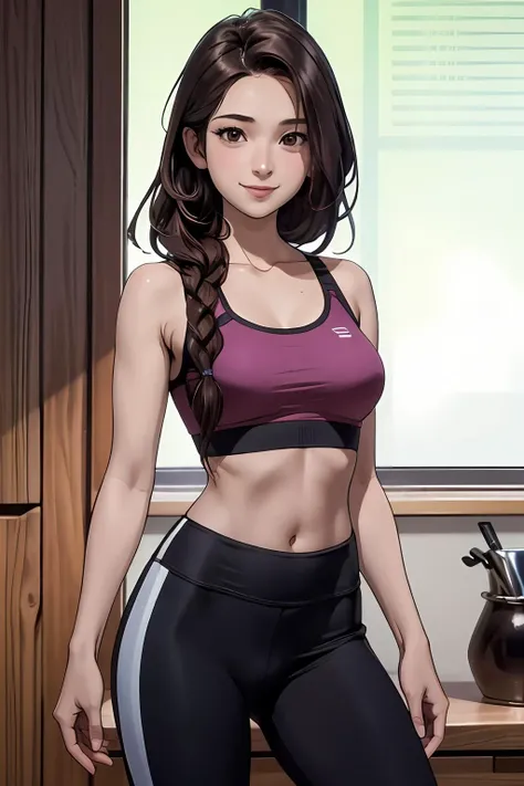 masterpiece, best quality, 8k photoshoot, cowboy shot, 18yo woman, animemomhair, brown hair, brown eyes, scrunchie, sports bra, yoga pants, single braid, smile, <lora:AnimeMomHair:0.8>