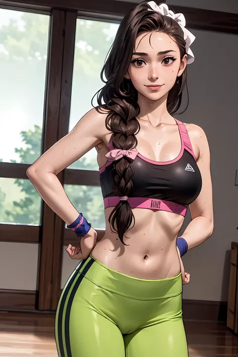 masterpiece, best quality, 8k photoshoot, cowboy shot, 18yo woman, animemomhair, brown hair, brown eyes, scrunchie, sports bra, yoga pants, sweatband, single braid, smile, sweat, sweating, sweaty, <lora:AnimeMomHair:0.8>