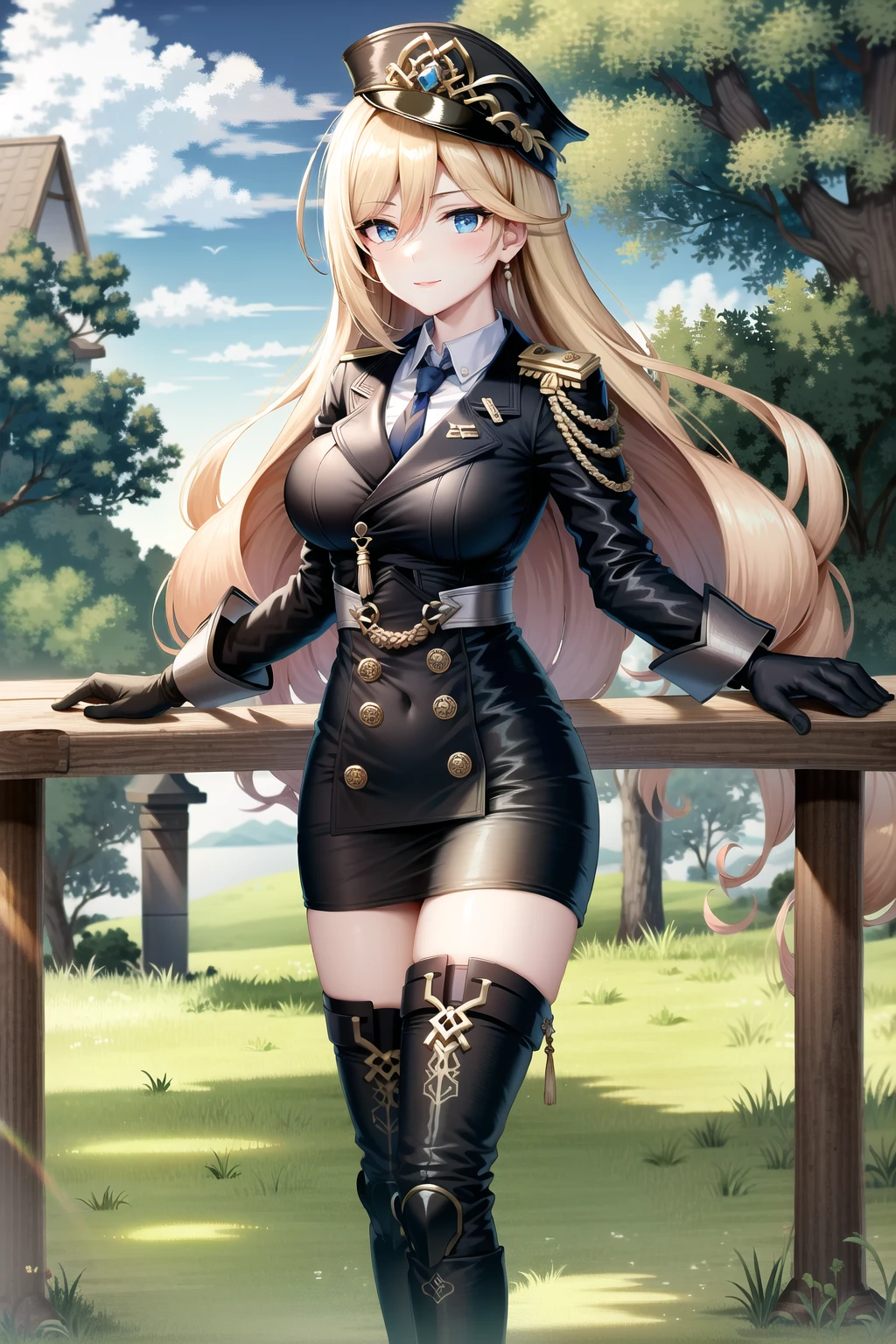 (Realistic painting style:0.9), (faux traditional media:1.1), masterpiece, best quality, absurdres, looking at viewer, solo,<lora:durandal_veryLow_noise_full:1> bianka durandal ataegina (valkyrie gloria), bianka durandal ataegina, 1girl, blue eyes, solo, blonde hair, military, long hair, hat, military uniform, uniform, looking at viewer, boots, gloves, bangs, military hat, outdoors, closed mouth, jacket, smile, thigh boots, sky, black footwear, grass, thighhighs, hair between eyes, pantyhose, breasts, black headwear, blue sky, black gloves, necktie, spear, black jacket, cloud, black pantyhose