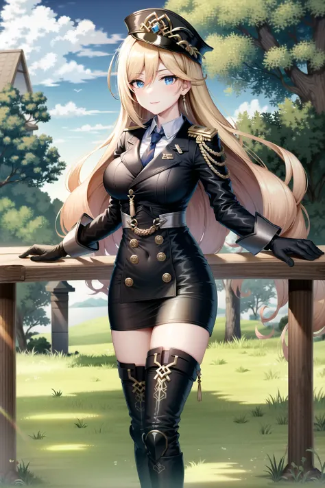 (Realistic painting style:0.9), (faux traditional media:1.1), masterpiece, best quality,  absurdres, looking at viewer, solo,<lora:durandal_veryLow_noise_full:1> bianka durandal ataegina (valkyrie gloria), bianka durandal ataegina, 1girl, blue eyes, solo, blonde hair, military, long hair, hat, military uniform, uniform, looking at viewer, boots, gloves, bangs, military hat, outdoors, closed mouth, jacket, smile, thigh boots, sky, black footwear, grass, thighhighs, hair between eyes, pantyhose, , black headwear, blue sky, black gloves, necktie, spear, black jacket, cloud,  black pantyhose