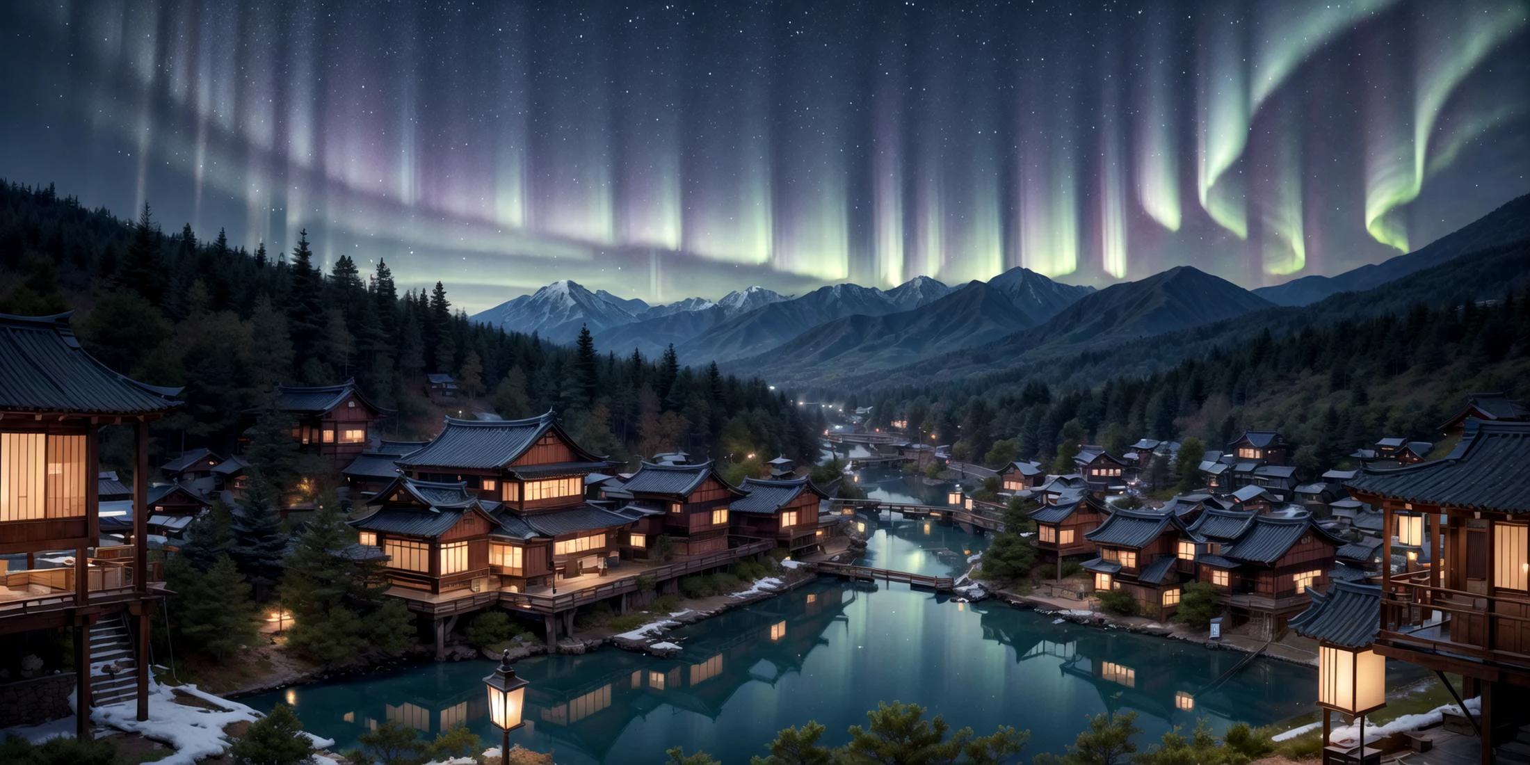(masterpiece, best quality) no people, outdoors, sky, winter, el nath, japanese village, pine trees, on himalayas, illustration, digital painting, volumetric lighting, night, aurora <lora:makina69_bluedream_v1.0:0.4> blue dream <lora:Vibrance:0.4> <lora:add_detail:0.4>