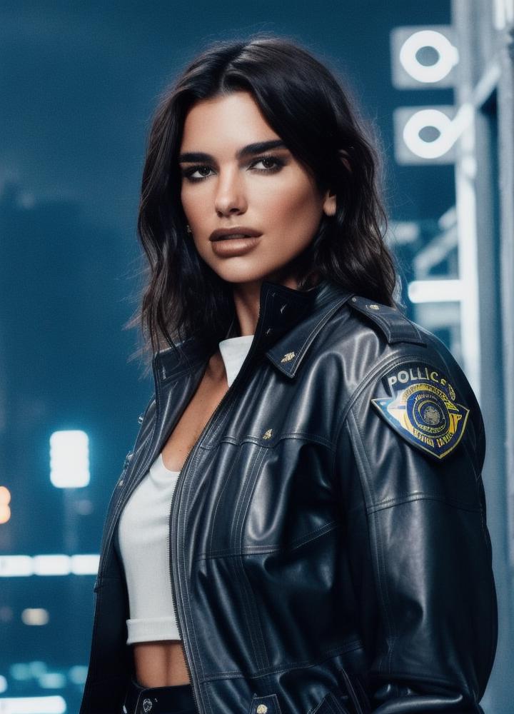 A woman in a black leather jacket and white top - SeaArt AI