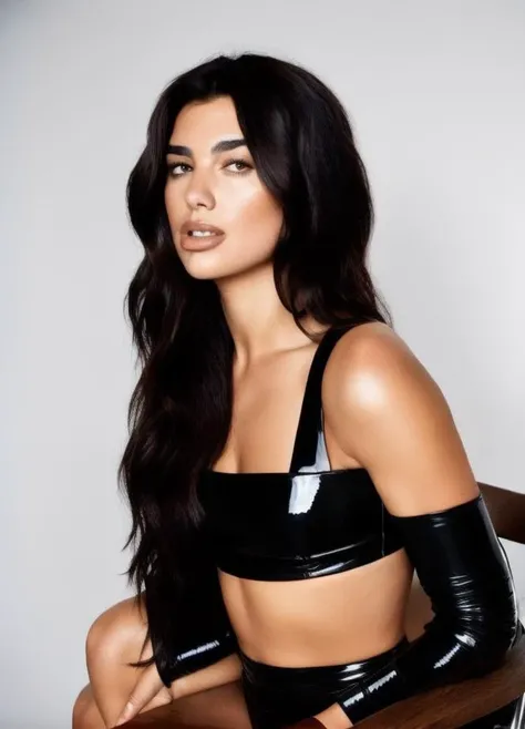 Full-length photograph of dualip as a beautiful female model, georgia fowler, beautiful face, with short dark brown hair, sitting in a chair, wearing black latex, happy