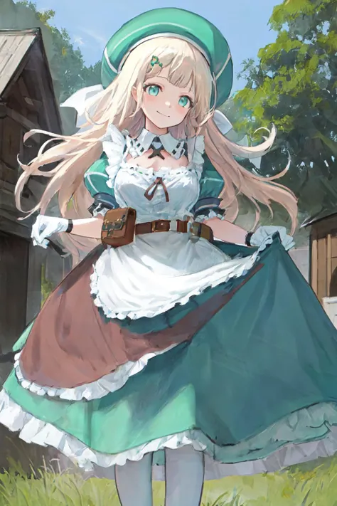masterpiece, best quality, highres, 1girl yomi, hat dress apron <lora:yomi:1> smile, standing, hand on own chest
