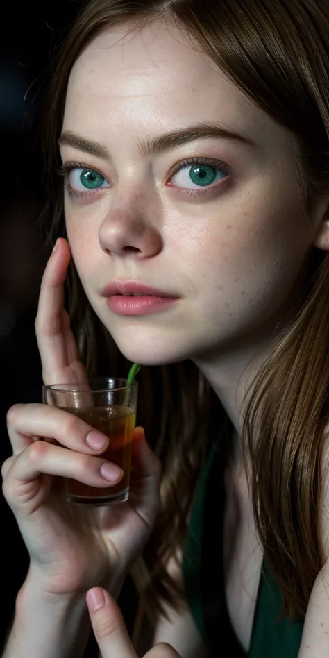 Ultra realistic high definition 20 years old Emma Stone real life actress, Ultra realistic high definition asymetrical superb micro detail big green eyes, Seductrice eyes, sensual mouth, Ultra realistic high definition micro detail superb glossy lips, Ultra realistic high definition micro detail superb real life detailed skin, Ultra realistic high definition micro detail superb hair, Soumise look, Short nails, Asymetrical hands with 4 fingers and 1 thumb, simple smile, (((Look at viewers))), Provocative sexy dress, night club at the bar taking drink, sks woman,<lora:locon_emmastone_v1_from_v1_64_32:0.4>, RAW candid cinema, 16mm, color graded portra 400 film, remarkable color, ultra realistic, textured skin, remarkable detailed pupils, realistic dull skin noise, visible skin detail, skin fuzz, dry skin, shot with cinematic camera, detailed skin texture, (blush:0.5), (goosebumps:0.5), subsurface scattering