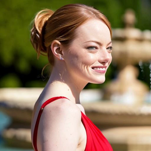 stunning photograph of (sks woman:1), Emma Stone playing in a fountain, bikini, epic character composition, ponytail, <lyco:emmaStone_v10:1.0>