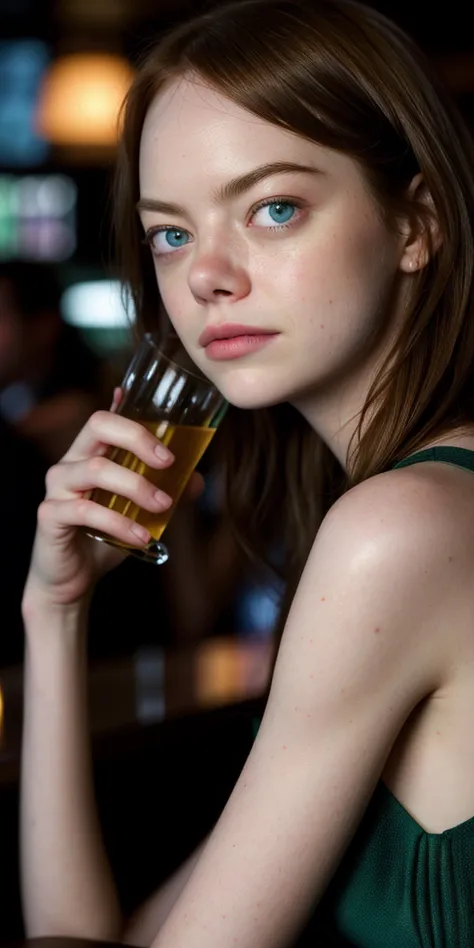 Ultra realistic high definition 20 years old Emma Stone real life actress, Ultra realistic high definition asymetrical superb micro detail big green eyes, Seductrice eyes, sensual mouth, Ultra realistic high definition micro detail superb glossy lips, Ultra realistic high definition micro detail superb real life detailed skin, Ultra realistic high definition micro detail superb hair, Soumise look, Short nails, Asymetrical hands with 4 fingers and 1 thumb, simple smile, (((Look at viewers))), Provocative sexy dress, night club at the bar taking drink, sks woman,<lora:locon_emmastone_v1_from_v1_64_32:0.4>, RAW candid cinema, 16mm, color graded portra 400 film, remarkable color, ultra realistic, textured skin, remarkable detailed pupils, realistic dull skin noise, visible skin detail, skin fuzz, dry skin, shot with cinematic camera, detailed skin texture, (blush:0.5), (goosebumps:0.5), subsurface scattering