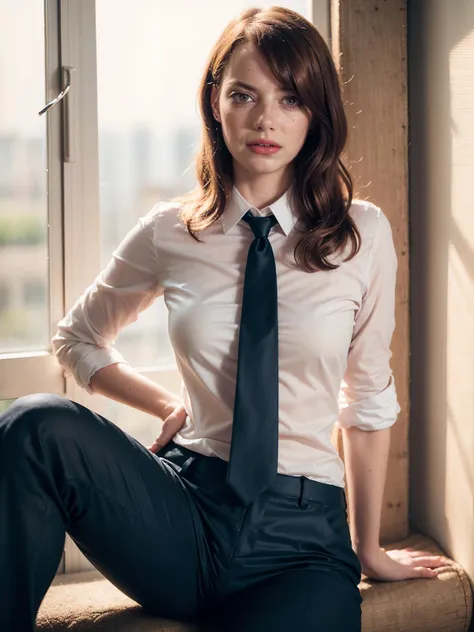 (sks woman wearing office clothes and tie), pale skin, red lipstick, blush, bangs, (ultra realistic face), freckles:0.3, photorealism, looking at camera, narrow waist, <lora:ReaLora:0.7>, <lora:locon_emmastone_v1_from_v1_64_32:1.3>, full sharp, detailed face, looking at viewer, eye contact, (8k, RAW photo, best quality, masterpiece:1.2),ultra-detailed, (high detailed skin:1.2), 8k uhd, dslr, soft lighting, high quality