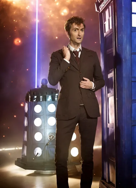 ((standing in front of the tardis)), professional photograph of (shouting sks person as doctor who, masculine, epic), ((standing with female companion)), (photo, studio lighting, hard light, sony a7, 50 mm, hyperrealistic, big depth of field, mate skin, pores, wrinkles, concept art, colors, hyperdetailed, hyperrealistic), ((detailed face)), (High Detail), Sharp, 8k, ((bokeh)), smiling, (epic character composition), (bokeh), ((dalek in background))