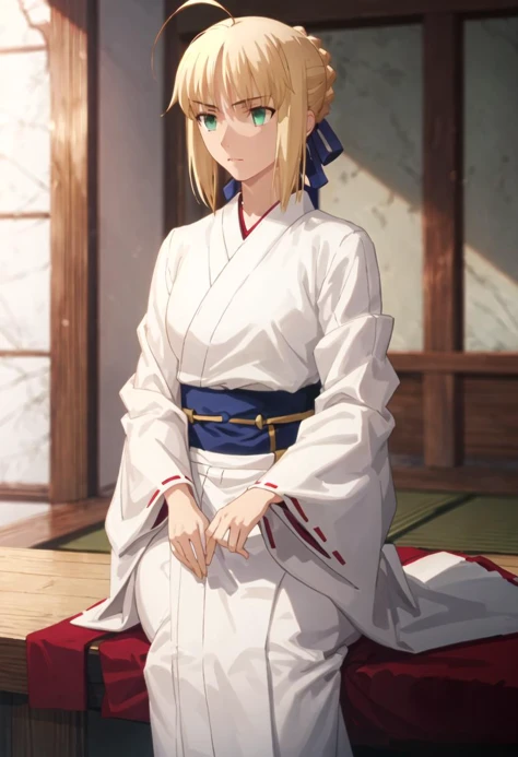 best quality, masterpiece, highres, solo, {saber_fatestaynightufotable:0.90}, {white kimono:1.35}, {red hakama:1.35}, {wide sleeves:1.20}