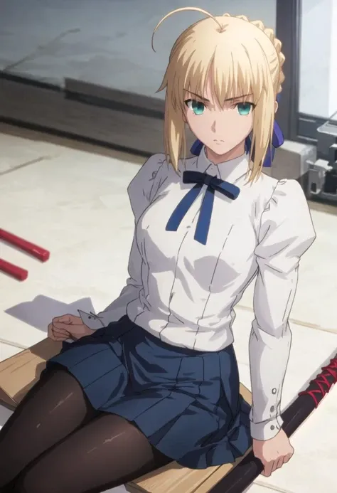 best quality, masterpiece, highres, solo, {saber_fatestaynightufotable:0.90}, 1girl, skirt, pantyhose, shinai