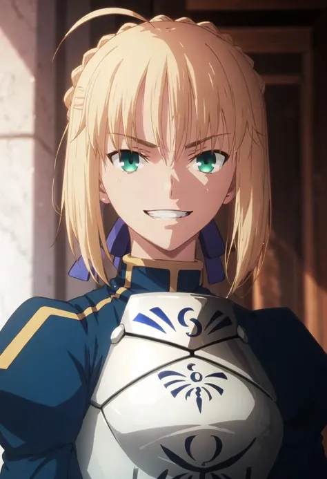 best quality, masterpiece, highres, solo, {saber_fatestaynightufotable:0.90}, evil_grin, evil_smile, grin, portrait, looking at viewer