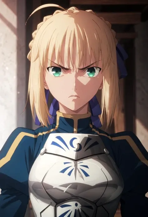 best quality, masterpiece, highres, solo, {saber_fatestaynightufotable:0.90}, angry, annoyed, portrait, looking at viewer