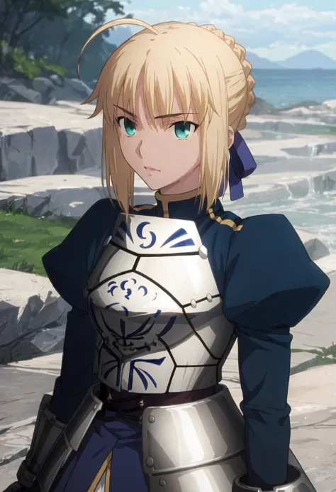 best quality, masterpiece, highres, solo, {saber_fatestaynightufotable:0.90}, 1girl, anime_coloring, parody, puffy_sleeves, armored_dress