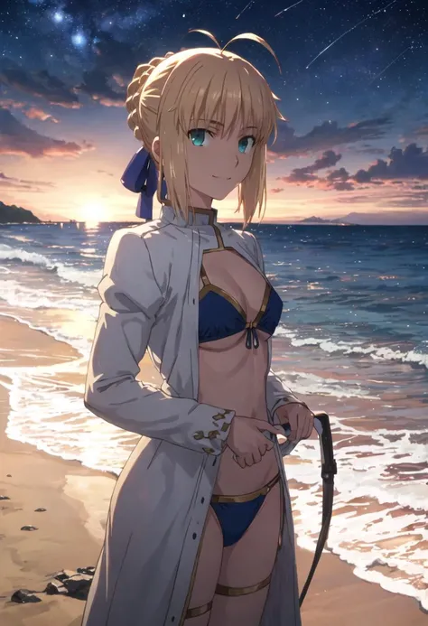 Violet evergarden, braid, blonde,red ribbon, blue eyes, elbow gloves, red ribbon,white swimsuit, sit down relaxing , beach, sunlight, perfect lighting, sea, ocean, from side, looking at viewers, solo, 1girl, highly detailed, full of details