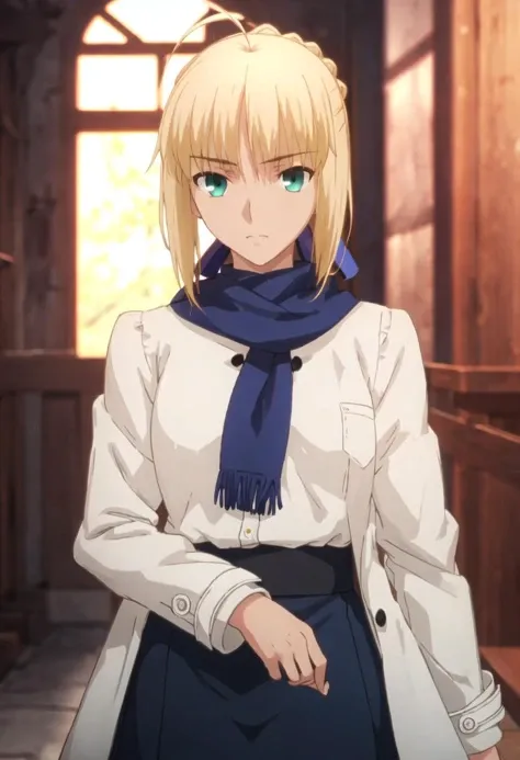 best quality, masterpiece, highres, solo, {saber_fatestaynightufotable:0.90}, 1girl, blue_scarf, official_alternate_costume, coat, skirt