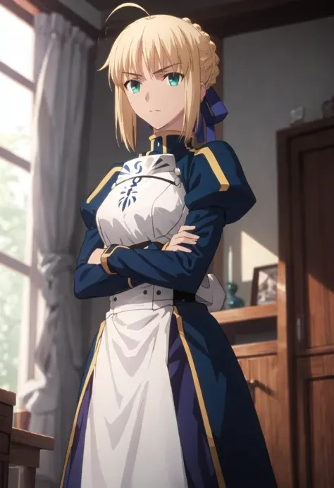 {safe:1.10}, best quality, masterpiece, highres, solo, {saber_fatestaynightufotable:0.90}, crossed_arms, cowboy_shot, looking at viewer