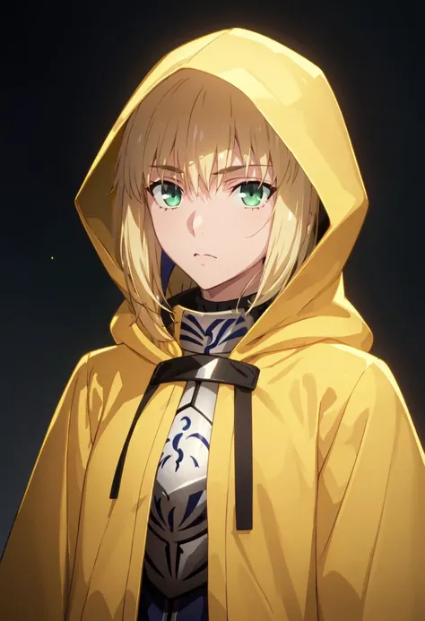 best quality, masterpiece, highres, solo, (saber_fatestaynightufotable:1.10), 1girl, hood up, yellow raincoat, closed mouth, hooded cloak, upper body, anime_style, 13 <lora:saber_fatestaynightufotable:0.80>