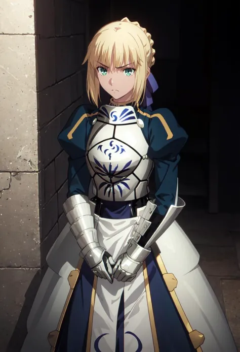 best quality, masterpiece, highres, solo, (saber_fatestaynightufotable:1.10), 1girl, style parody, armor, anime coloring, frown, looking at viewer, puffy sleeves, anime_style, 3 <lora:saber_fatestaynightufotable:0.80>