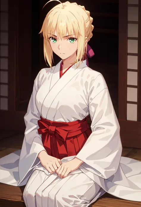 best quality, masterpiece, highres, solo, (saber_fatestaynightufotable:1.10), (white kimono:1.35), (red hakama:1.35), (wide sleeves:1.20), anime_style, 28 <lora:saber_fatestaynightufotable:0.80>