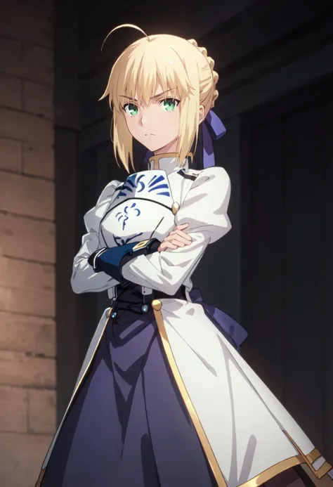 (safe:1.10), best quality, masterpiece, highres, solo, (saber_fatestaynightufotable:1.10), crossed arms, cowboy shot, looking at viewer, anime_style, 39 <lora:saber_fatestaynightufotable:0.80>