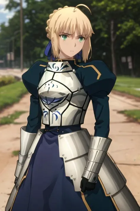 best quality, masterpiece, highres, solo, {saber_fatestaynightufotable:1.15}, blonde_hair, ahoge, green_eyes, ribbon, hair_ribbon, braid, blue_ribbon, short_hair, 1girl, armor, armored_dress, gauntlets, hair_bun, puffy_sleeves, single_hair_bun, dress, juliet_sleeves, long_sleeves