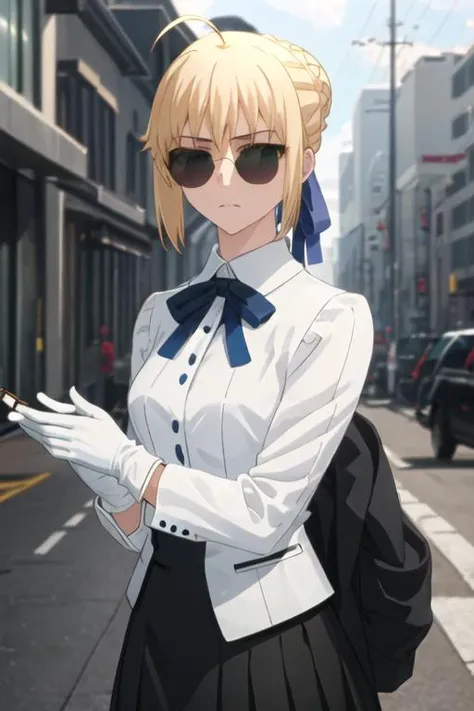 best quality, masterpiece, highres, solo, {black business suit:1.40}, {tie:1.20}, {sunglasses:1.25}, {white gloves:1.15}, {white shirt:1.10}, {black skirt:1.15}, {smoking:1.20}, handsome, {mordred_fgo:1.15}, blonde_hair, long_hair, ponytail, green_eyes, braid, scrunchie, hair_ornament, red_scrunchie, bangs, hair_scrunchie, breasts, smile, small_breasts