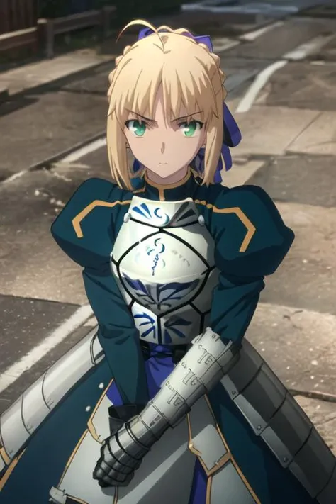 best quality, masterpiece, highres, solo, {saber_fatestaynightufotable:1.15}, blonde_hair, ahoge, green_eyes, ribbon, hair_ribbon, braid, blue_ribbon, short_hair, 1girl, armor, anime_coloring, parody, puffy_sleeves