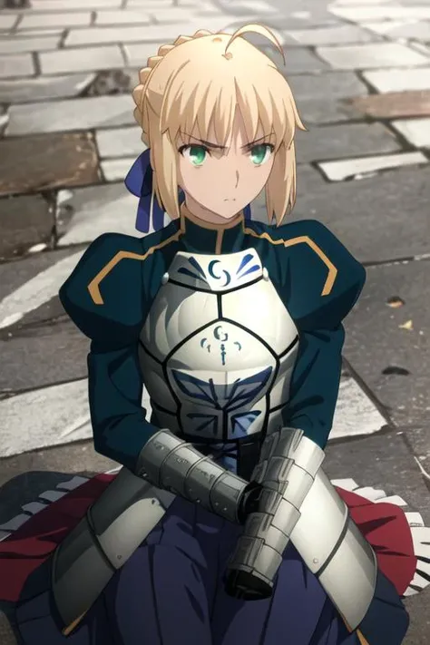 best quality, masterpiece, highres, solo, {saber_fatestaynightufotable:1.15}, blonde_hair, ahoge, green_eyes, ribbon, hair_ribbon, braid, blue_ribbon, short_hair, 1girl, shinai, skirt, sword, weapon, wooden_sword, pantyhose