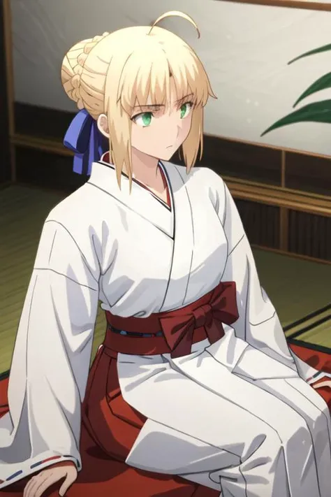 best quality, masterpiece, highres, solo, {white kimono:1.35}, {red hakama:1.35}, {wide sleeves:1.20}, {saber_fatestaynightufotable:1.15}, blonde_hair, ahoge, green_eyes, ribbon, hair_ribbon, braid, blue_ribbon, short_hair