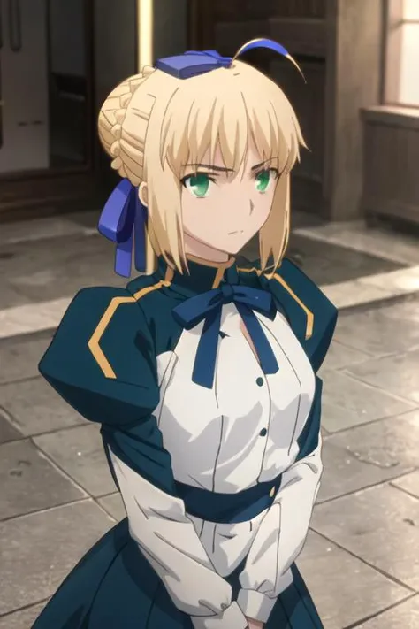 best quality, masterpiece, highres, solo, {saber_fatestaynightufotable:1.15}, blonde_hair, ahoge, green_eyes, ribbon, hair_ribbon, braid, blue_ribbon, short_hair, 1girl, anime_coloring, parody, shirt, white_shirt, looking_at_viewer, neck_ribbon