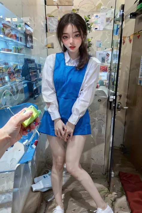 1girl with cute face, eyes closed, mouth open, orgasm face, slender, (wearing blue uniform, white shirt, blue pinafore dress, white shoes:1.3), standing, bend forward, inside convenience store, konbini, cashier, shop, indoors, (holding remote controller, remote control:1.5), (masterpiece, best quality, incredible detail, perfect lighting, ultra high skin detail:1.2), <lora:asianGirlsFace_v1:0.3> <lora:Oriental_Beauty_2:0.3> <lora:Konbini_V4:1.0> <lora:msu3:0.8> <lora:remocon_1_MID5_ResizeDIM32:1.0>