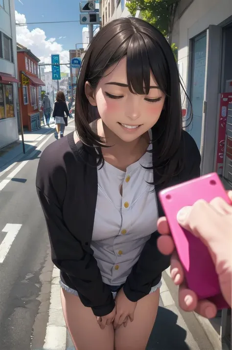 masterpiece, best quality, ultra-detailed, illustration,
remote controller, remote control, 1girl, solo, closed eyes, brown hair, smile, holding, pov, realistic, street, road, city, 
 <lora:remocon_1_MID5_ResizeDIM32:1>